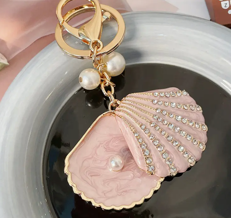 Rhinestone Pearl Shell Scallop Keychain Bag Charm