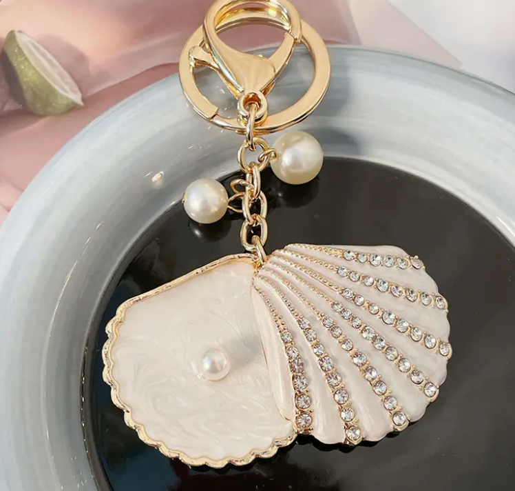 Rhinestone Pearl Shell Scallop Keychain Bag Charm