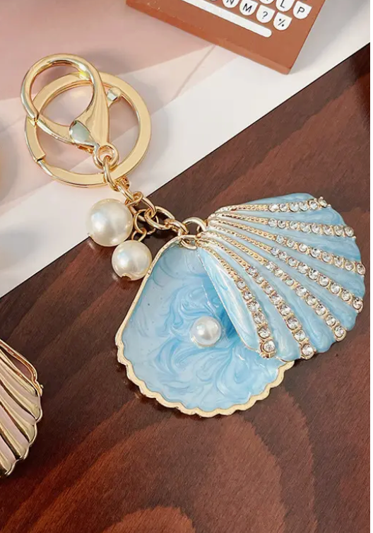 Rhinestone Pearl Shell Scallop Keychain Bag Charm