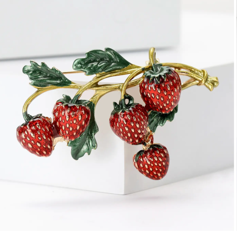 Lifelike Strawberry Cluster Brooch