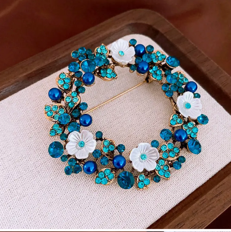 Colorful Floral Wreath Brooch, Pearl & Rhinestone Pin