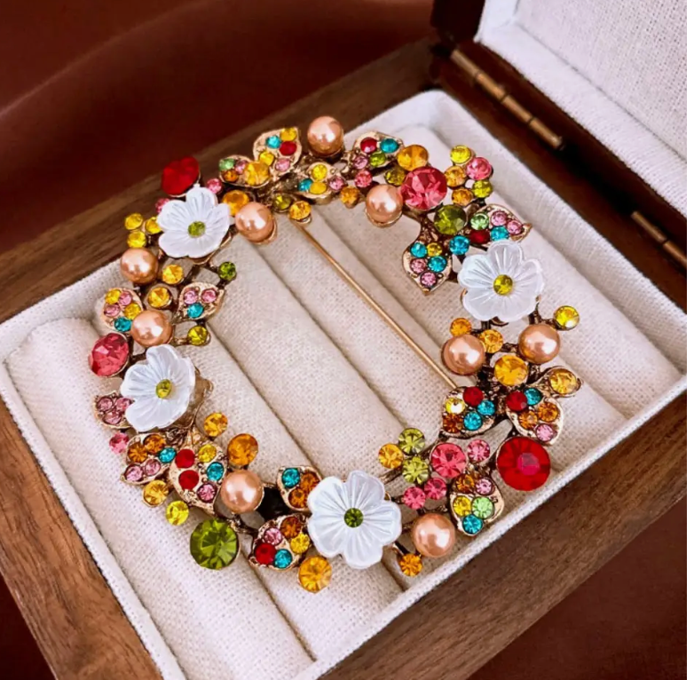 Colorful Floral Wreath Brooch, Pearl & Rhinestone Pin