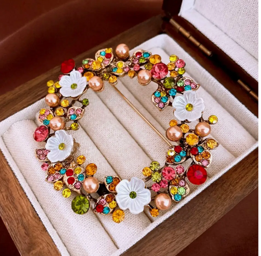 Colorful Floral Wreath Brooch, Pearl & Rhinestone Pin