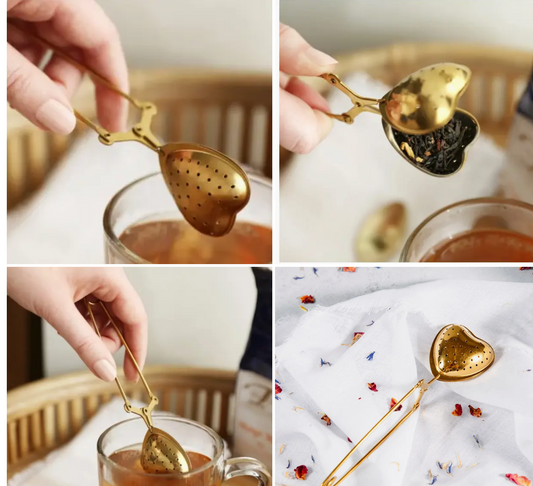 Gold Heart-Shaped Loose Leaf Tea Infuser with Long Handle & Tea Strainer