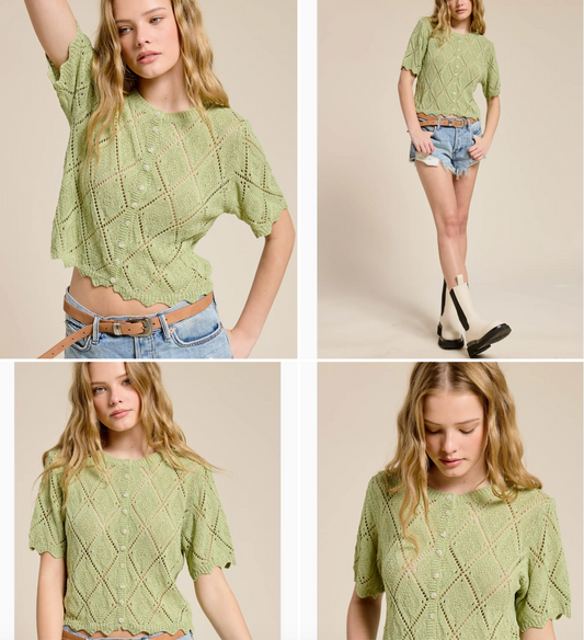 Pointelle Knit Short Sleeve Cardigan