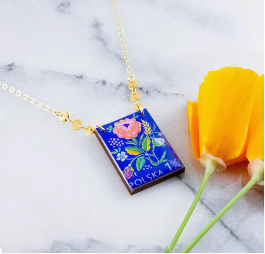 Floral Postage Stamp Necklace