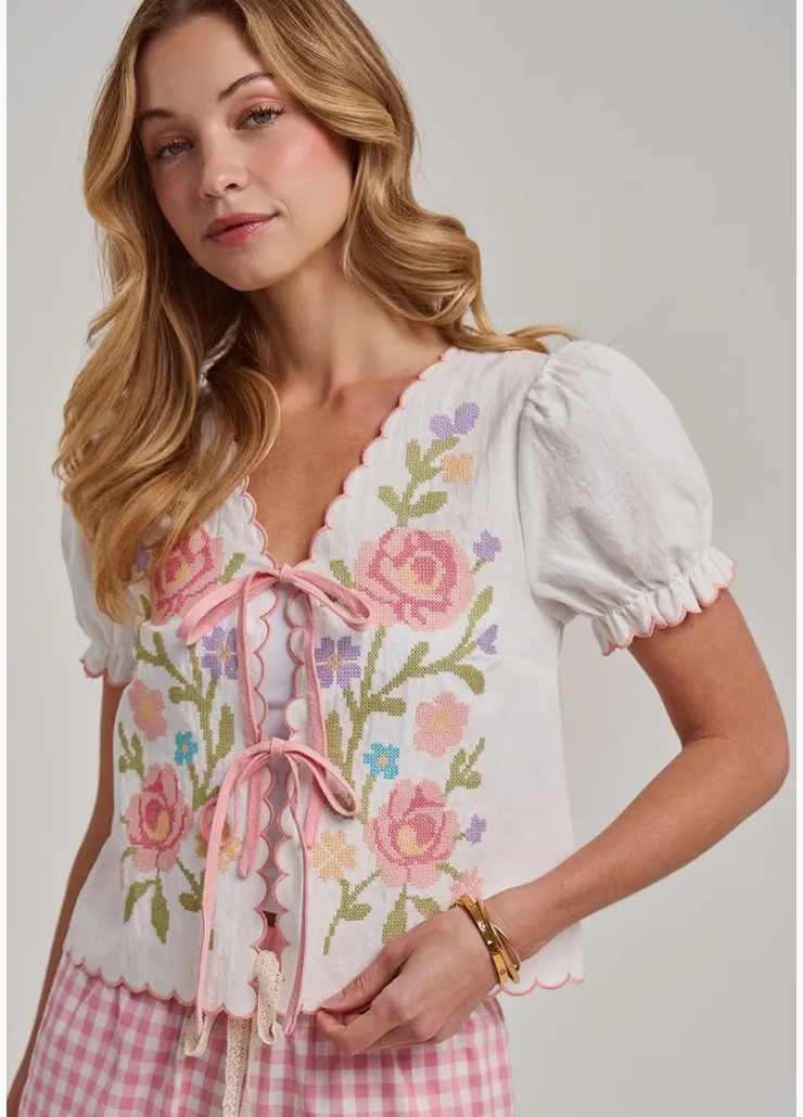 Floral Embroidered Front Tie Top