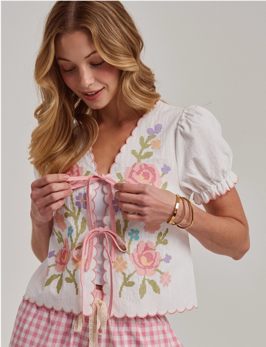 Floral Embroidered Front Tie Top