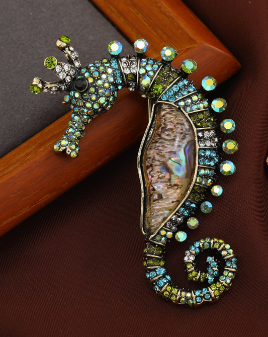 Seahorse Brooch with rhinestones and Abalone Shell
