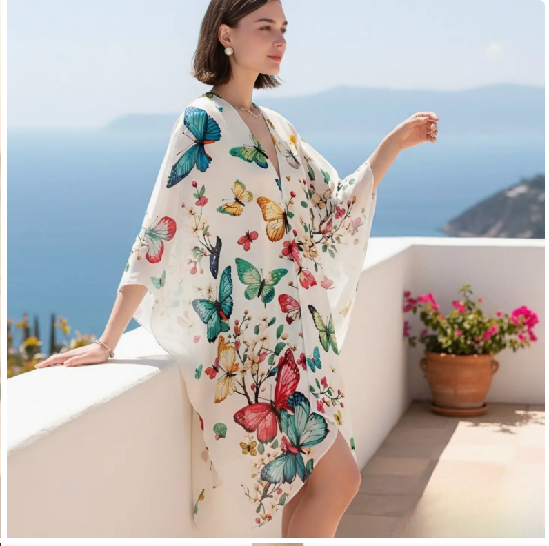 White-Multi Multicolor Butterfly Kimono Cover-Up