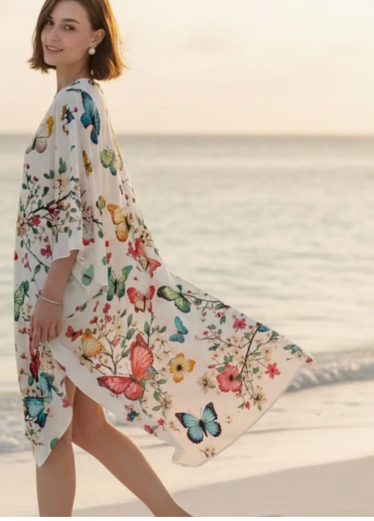 White-Multi Multicolor Butterfly Kimono Cover-Up