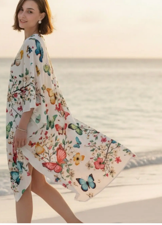 White-Multi Multicolor Butterfly Kimono Cover-Up