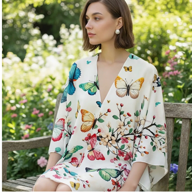 White-Multi Multicolor Butterfly Kimono Cover-Up