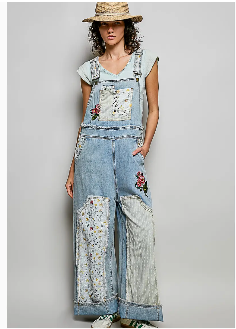 Oversized Fit Floral Patchwork Embroidery Overall