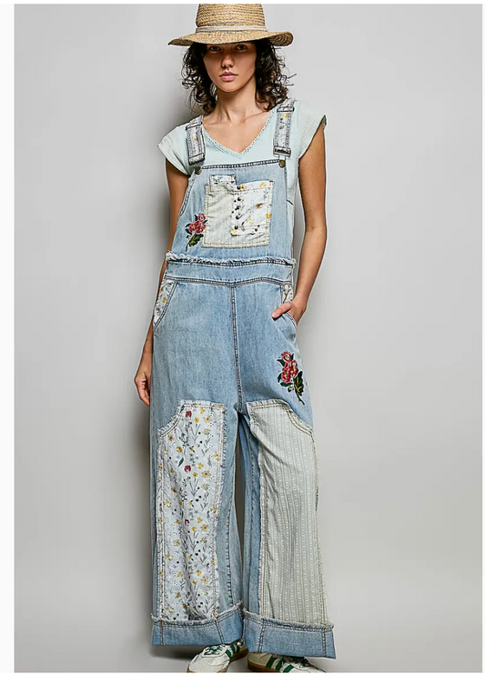 Oversized Fit Floral Patchwork Embroidery Overall