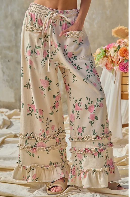 Washed Flower Printed Twill Ruffled Detail Wide Pants