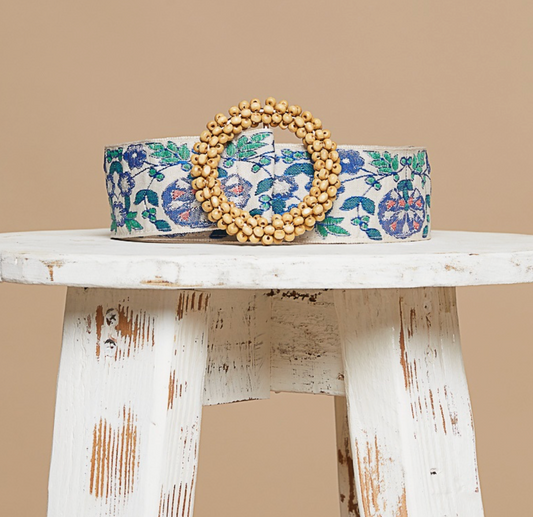 Belt with Circular Buckle and Floral Tapestry