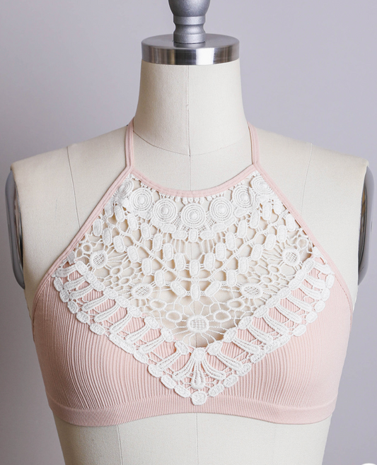 Crochet Lace High Neck Crop Top - Blush