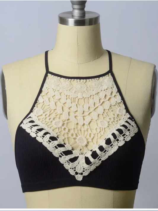 Crochet Lace High Neck Crop Top- Black