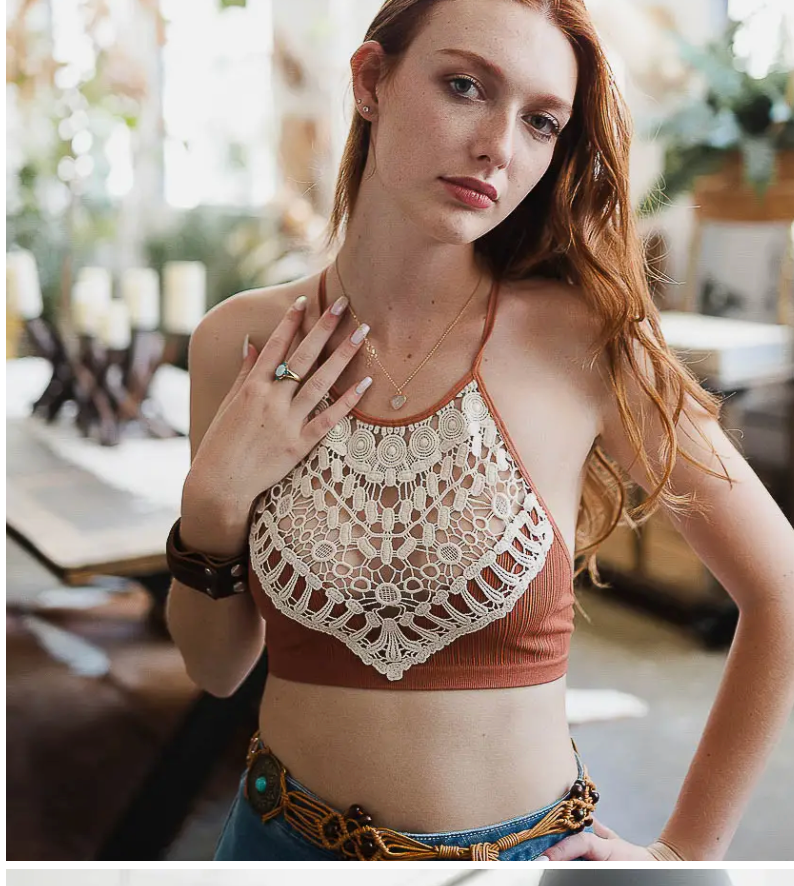 Crochet Lace High Neck Crop Top -Rust