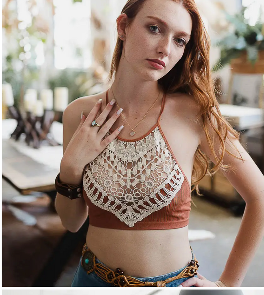 Crochet Lace High Neck Crop Top -Rust