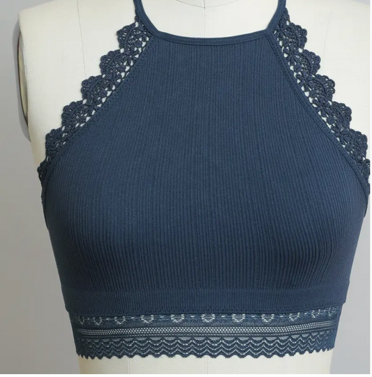 High Neck Crochet Lace Trim Bralette ~Navy