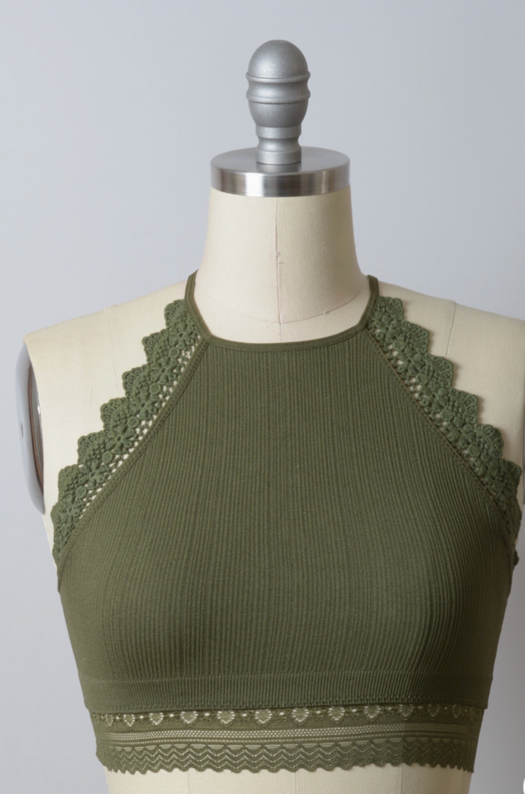 High Neck Crochet Lace Trim Bralette- Olive