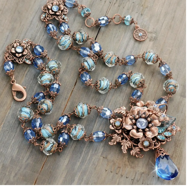 Blue and Copper Floral Necklace