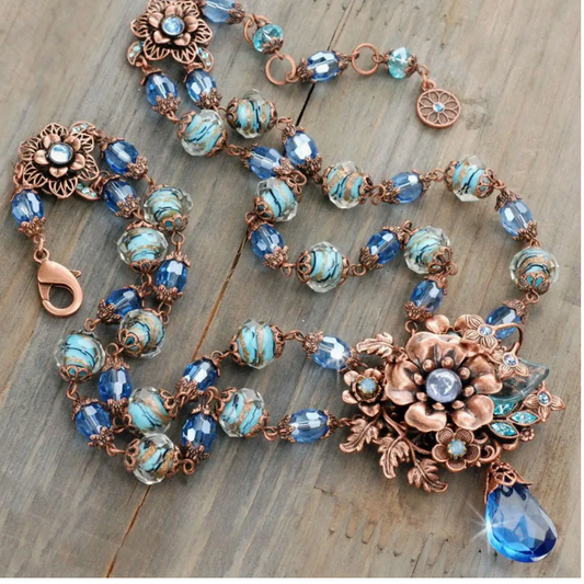Blue and Copper Floral Necklace