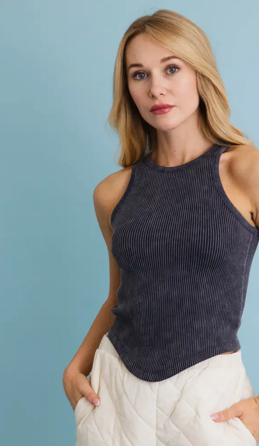 Classic Basic Washed Ribbed Tank Top -Black