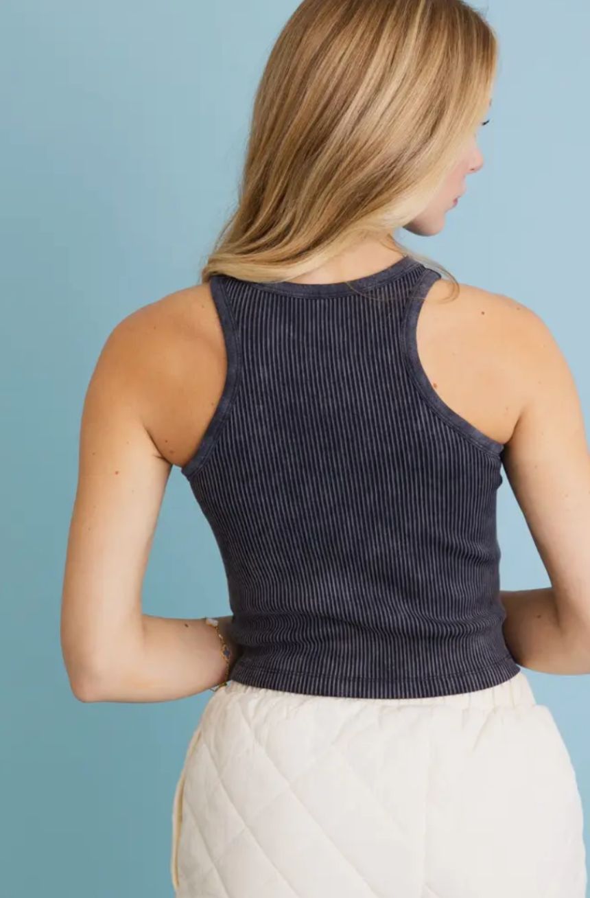 Classic Basic Washed Ribbed Tank Top -Black