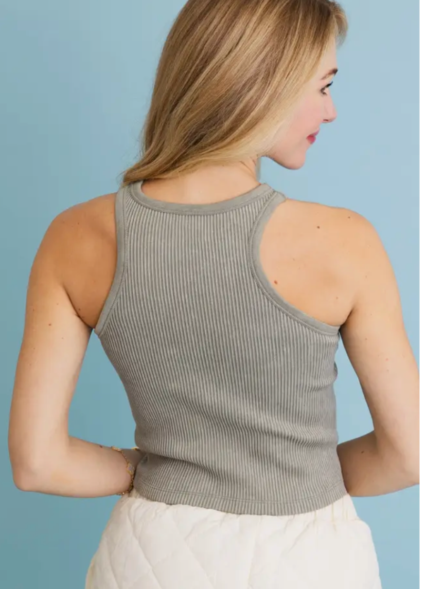Classic Basic Washed Ribbed Tank Top -Sage