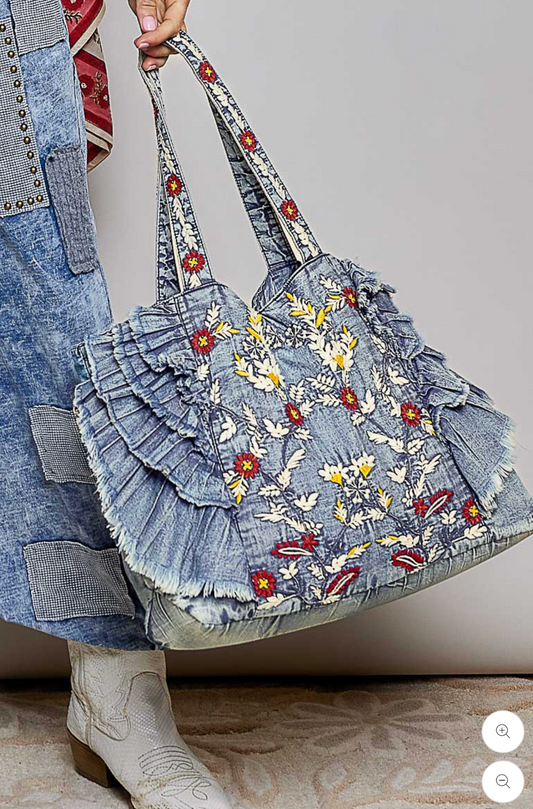 Denim Tote Bag with Embroidery