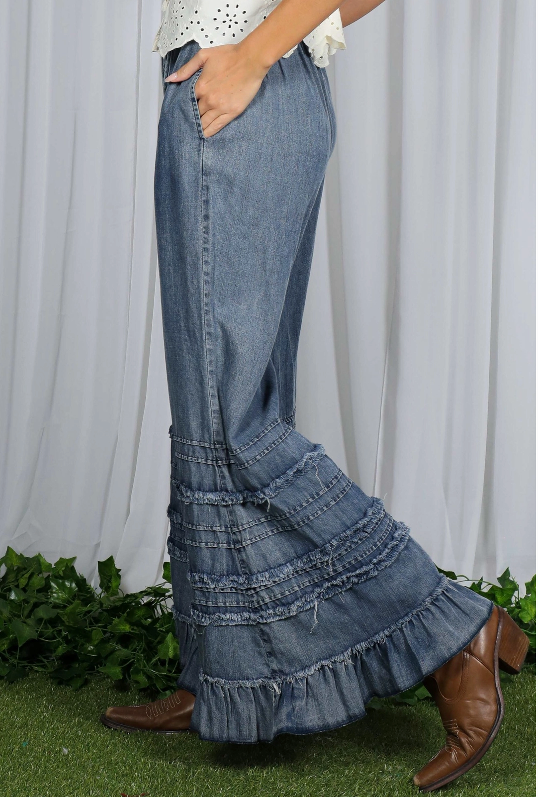 Denim Chambray Ruffled Hem Pants