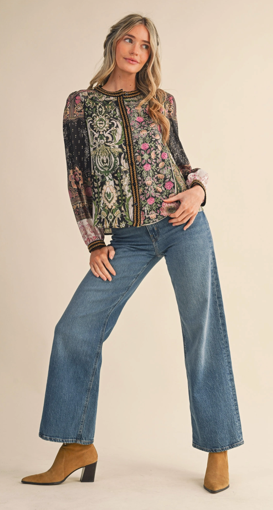 Patchwork Print Crochet Trim Button Down Top