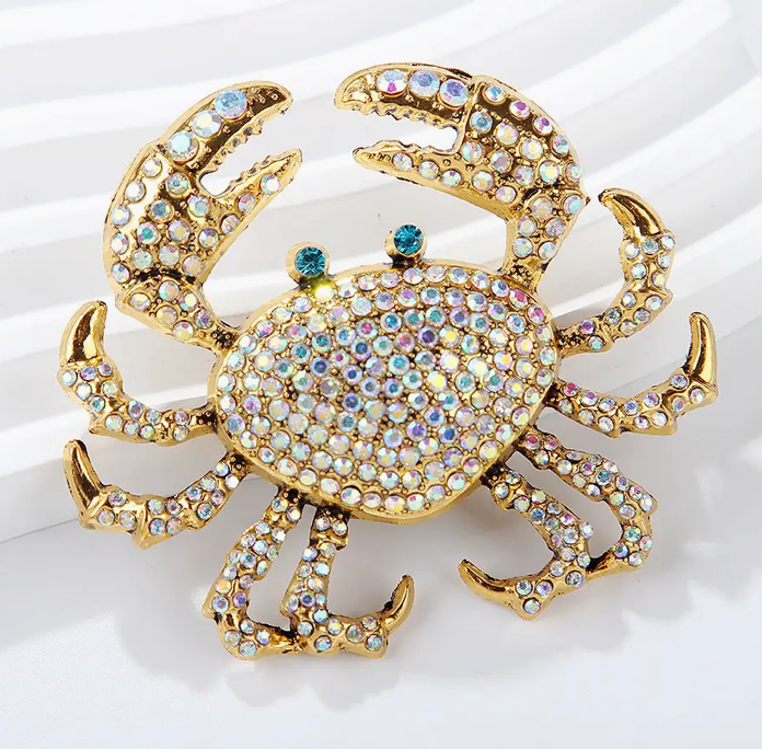 Sparkling Crab Brooch with Colorful Rhinestone