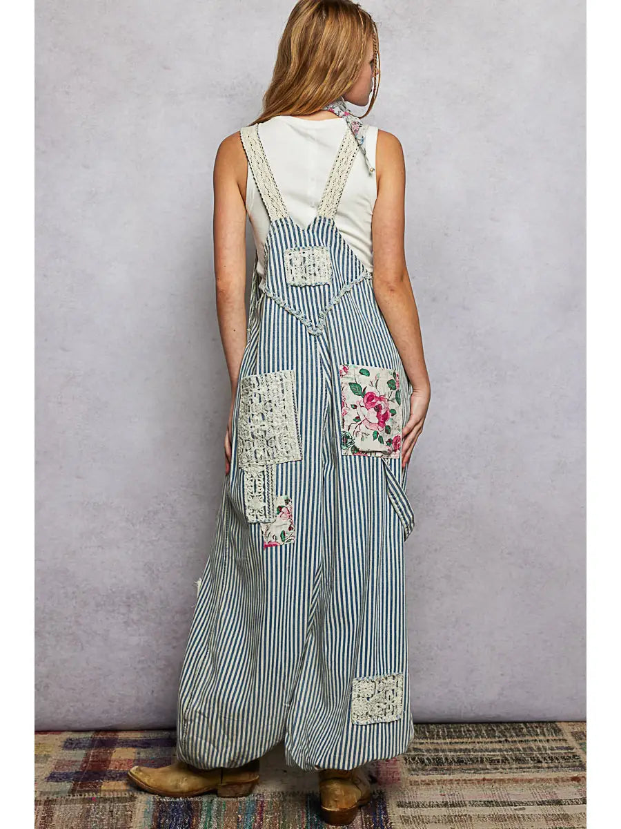 My sisters FAVE Embroidered Floral Patchwork Stripped Denim Overalls