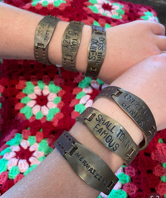 Leather and Brass Stamped Bracelets